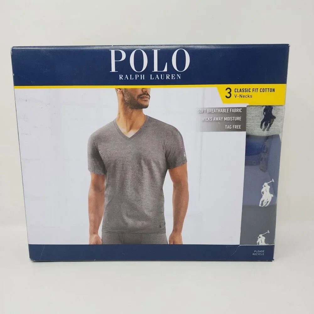 Polo Ralph Lauren Shirt Mens Small Gray Classic Fit Cotton V-Neck 3 Pack Tees